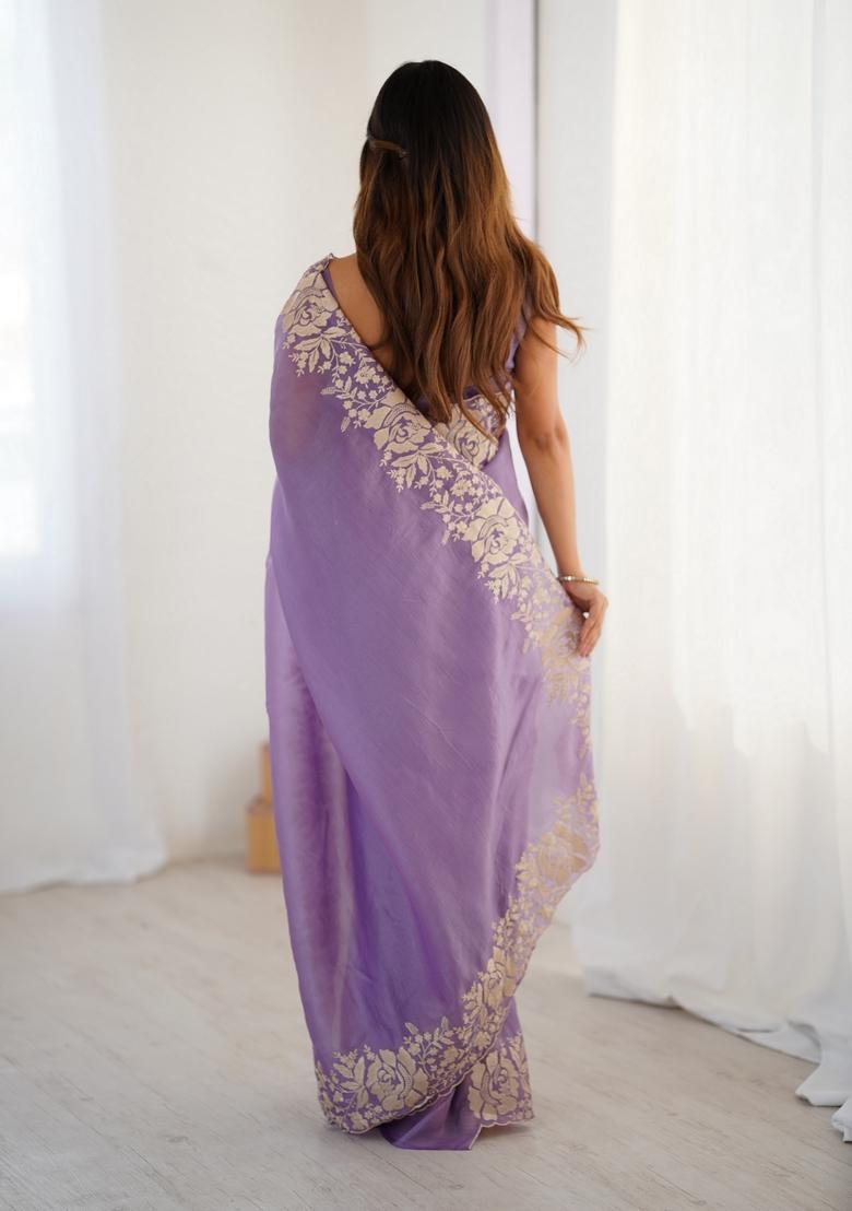 Lavender Embroidery Silk Saree Set - Indya