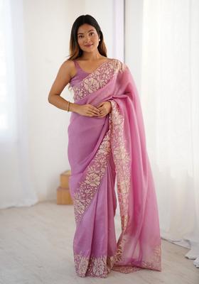 Pink Embroidery Silk Saree Set