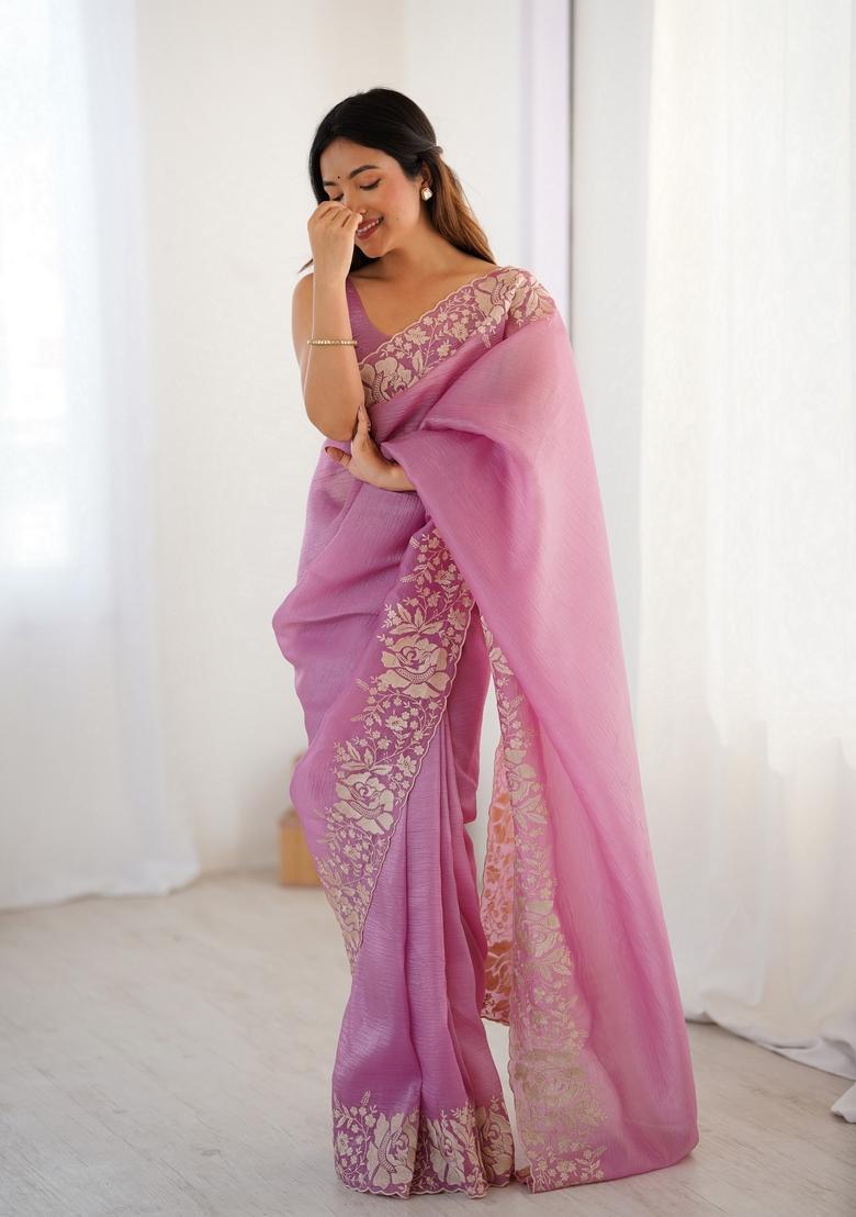 Pink Embroidery Silk Saree Set - Indya