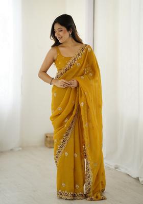 Mustard Sequins Work Silk Saree Set