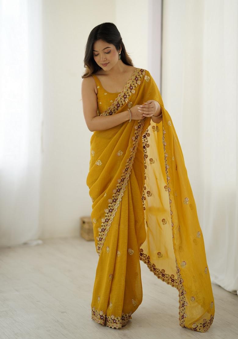 Mustard Sequins Work Silk Saree Set - Indya