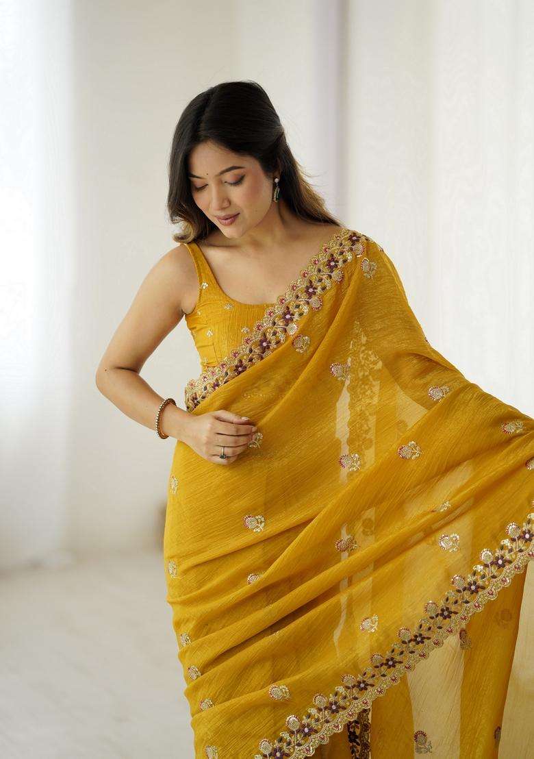 Mustard Sequins Work Silk Saree Set for Diwali and Festive Wear - Indya