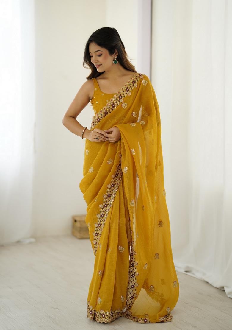 Mustard Sequins Work Silk Saree Set - Indya