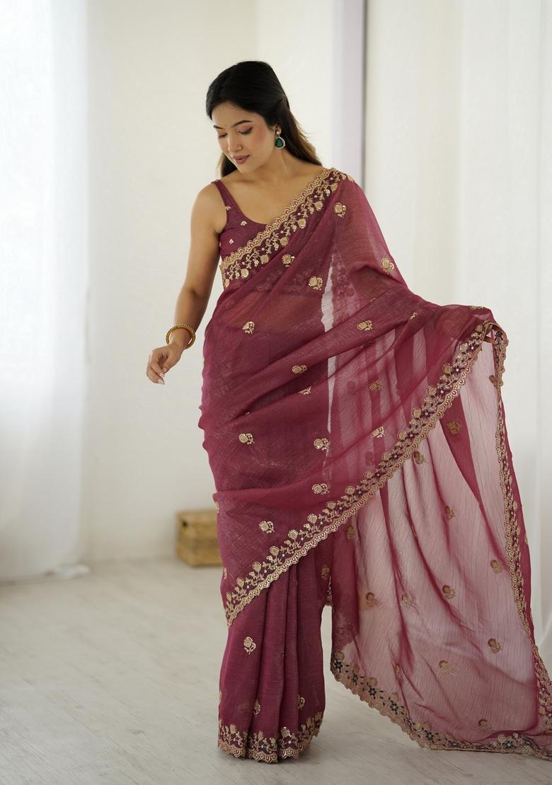 Mauve Sequins Work Silk Saree Set - Indya