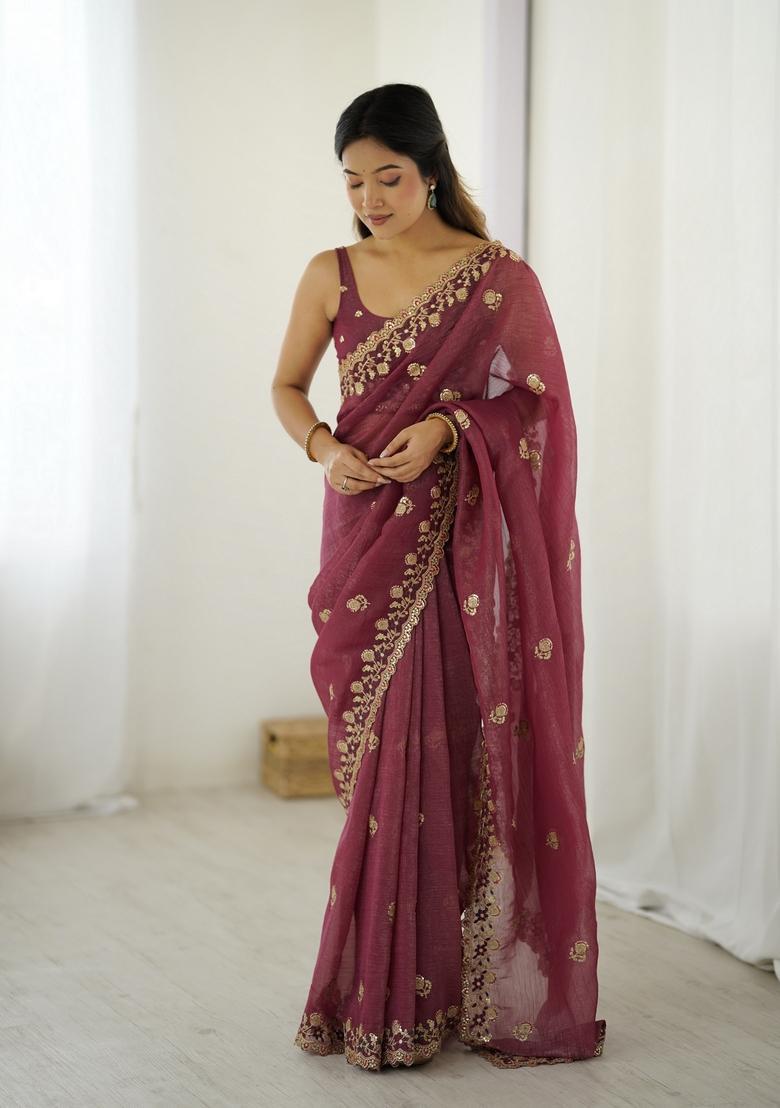 Mauve Sequins Work Silk Saree Set - Indya