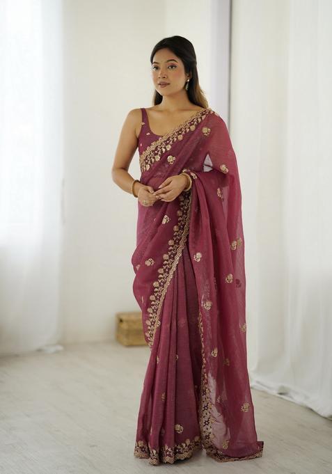 Mauve Sequins Work Silk Saree Set