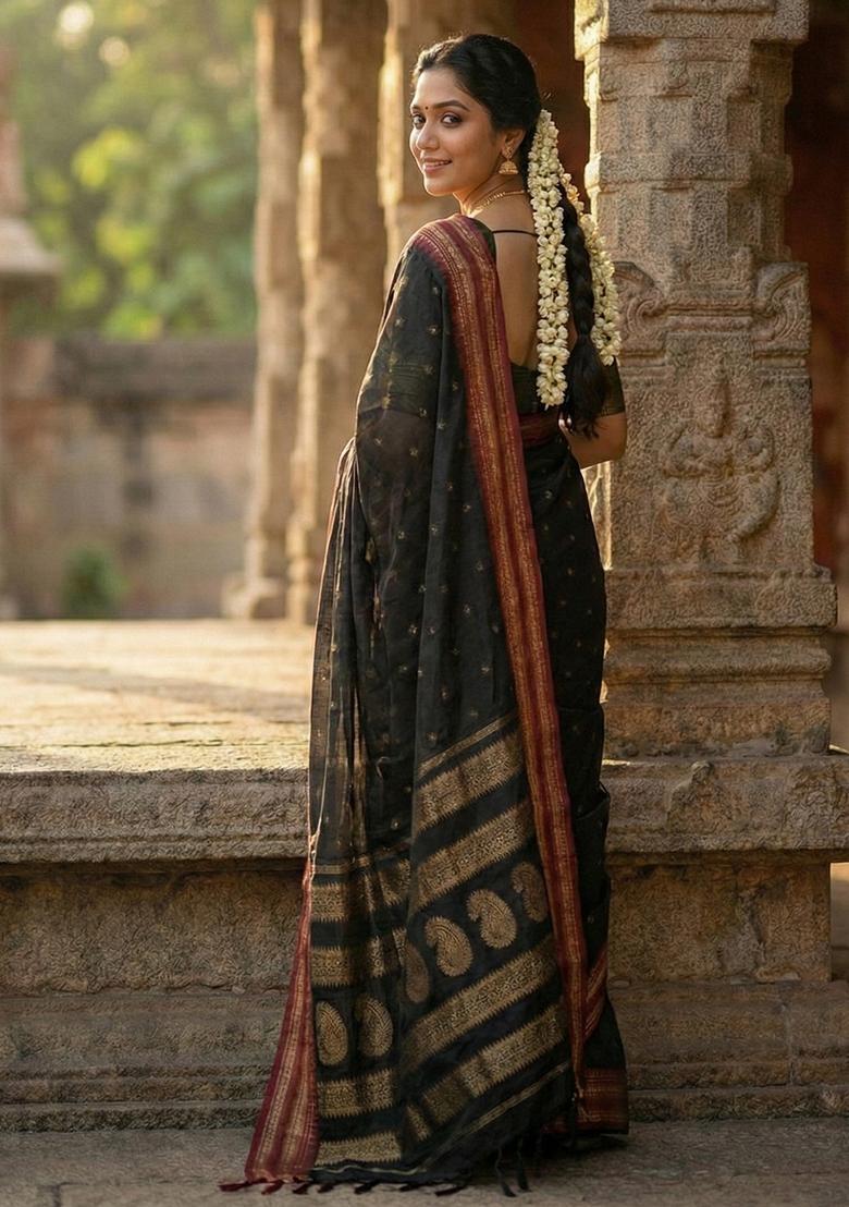 Black Zari Work Silk Saree Set - Indya