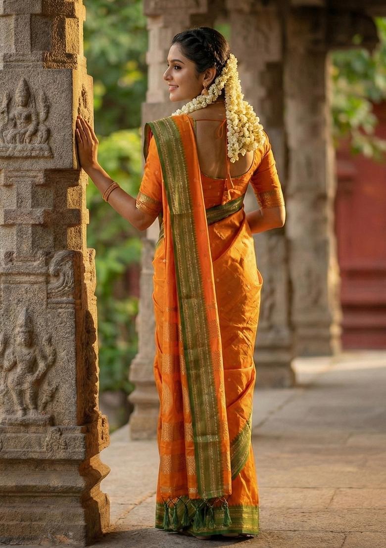 Mustard Zari Work Silk Saree Set - Indya