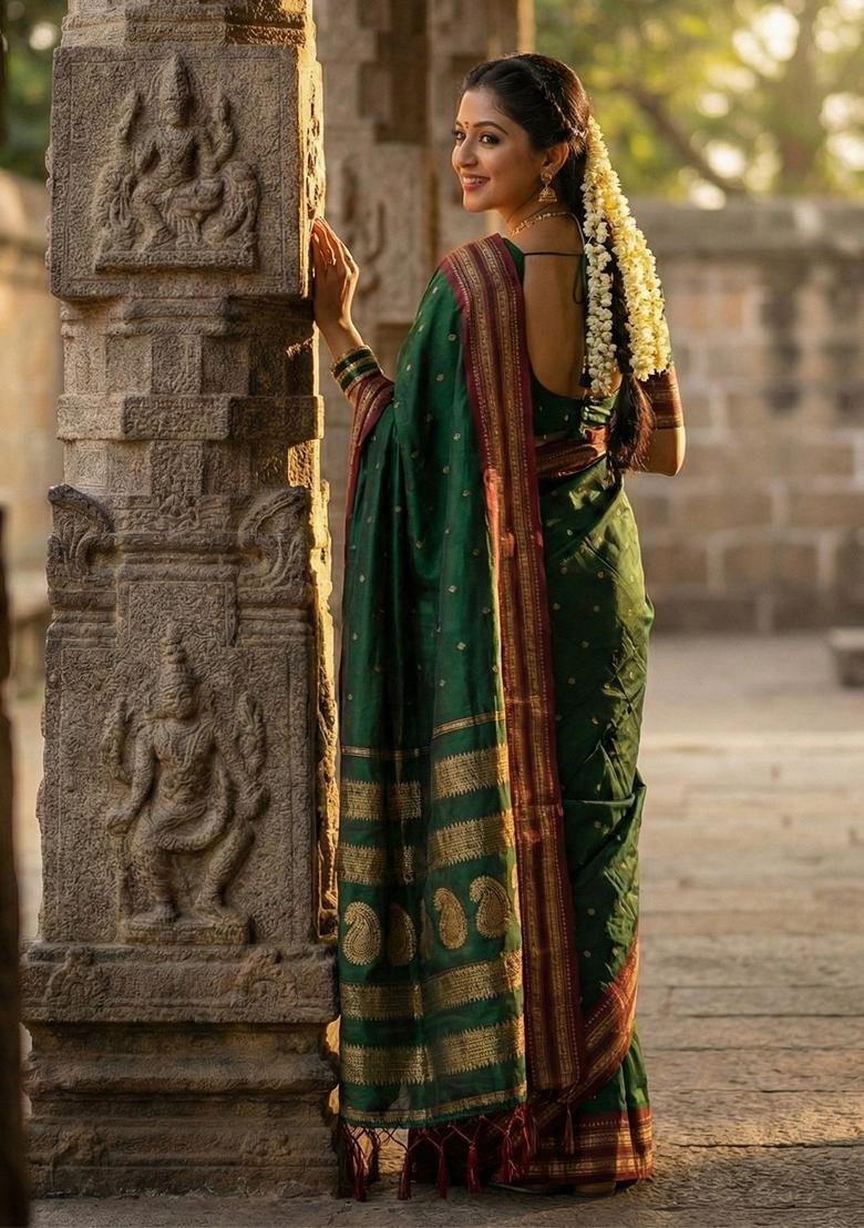 Green Zari Work Silk Saree Set - Indya