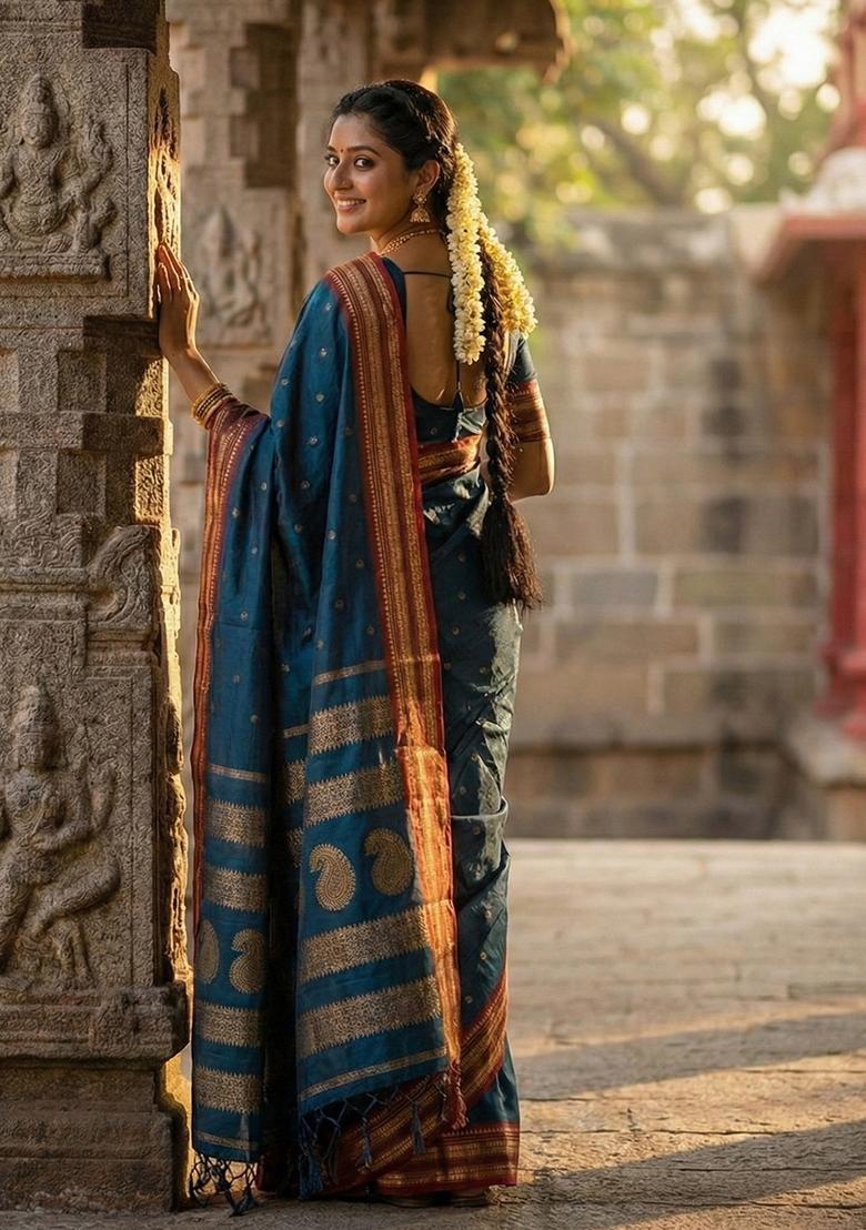 Teal Zari Work Silk Saree Set - Indya