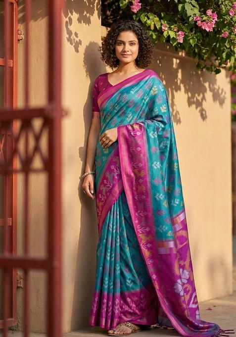 Sky Blue Zari Work Silk Saree Set
