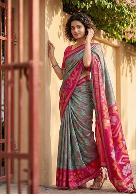 Grey Zari Work Silk Saree Set