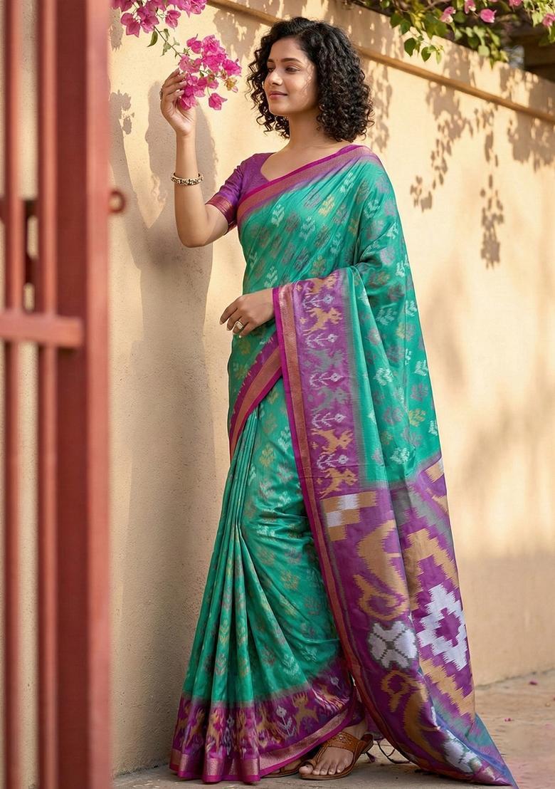 Green Zari Work Silk Saree Set - Indya