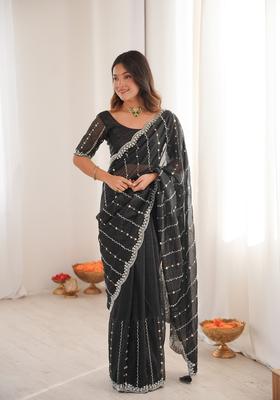 Black Sequins Work Tissue Saree Set