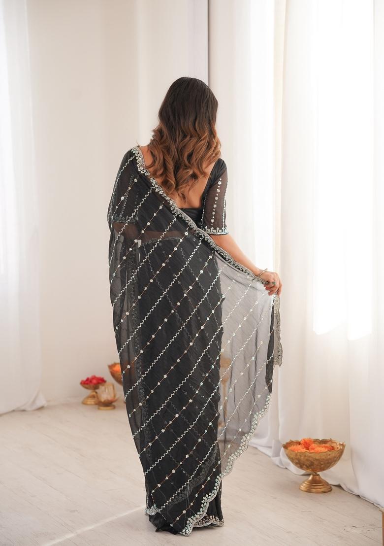 Black Sequins Work Tissue Saree Set - Indya