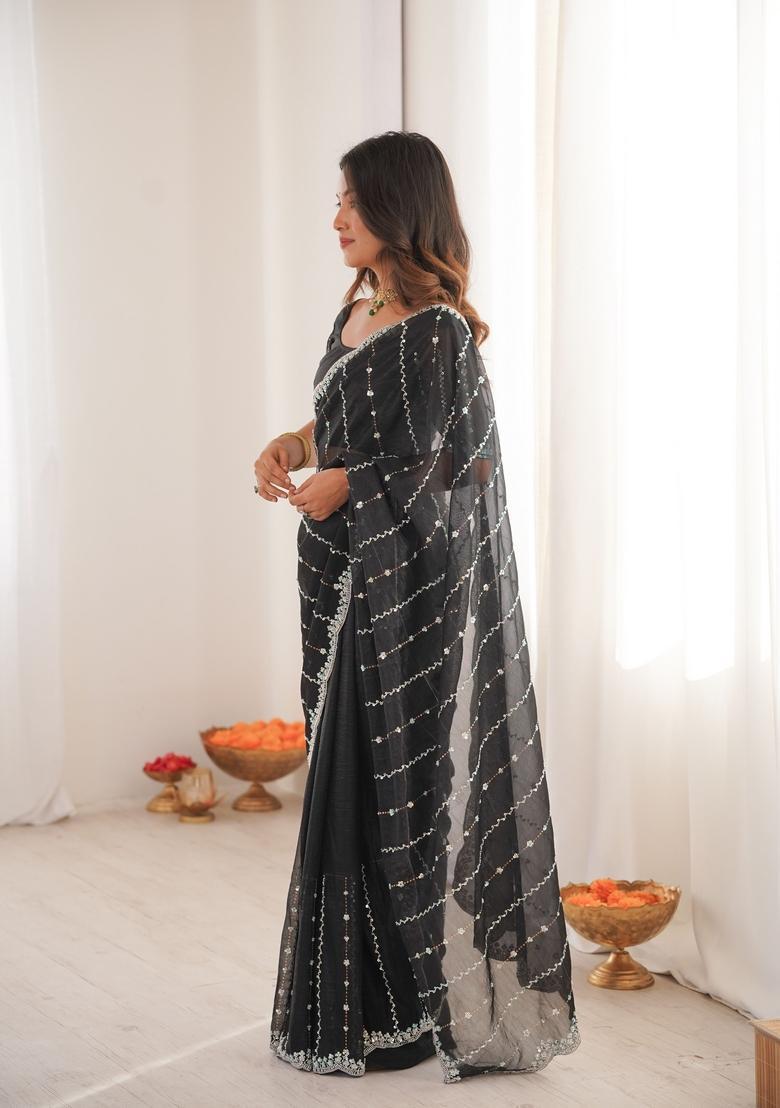 Black Sequins Work Tissue Saree Set - Indya