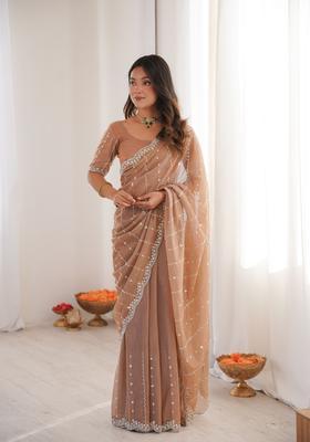 Beige Sequins Work Tissue Saree Set