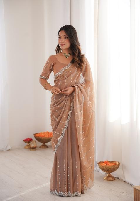 Beige Sequins Work Tissue Saree Set — view on Indya