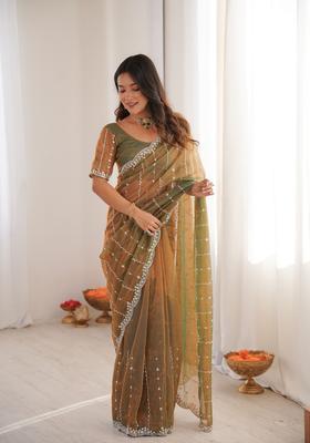 Gold Sequins Work Tissue Saree Set
