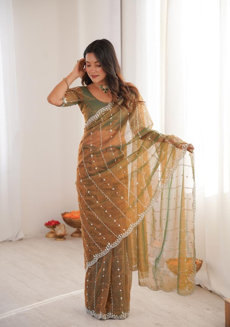 Gold Sequins Work Tissue Saree Set - Indya
