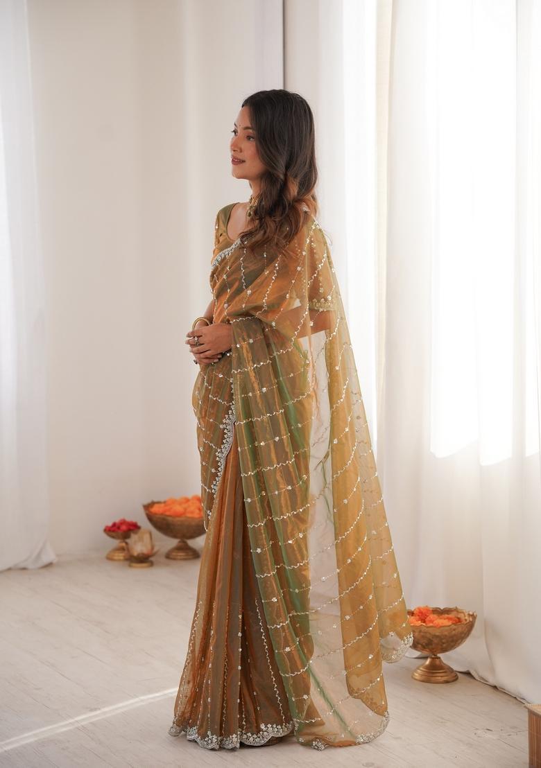 Gold Sequins Work Tissue Saree Set - Indya