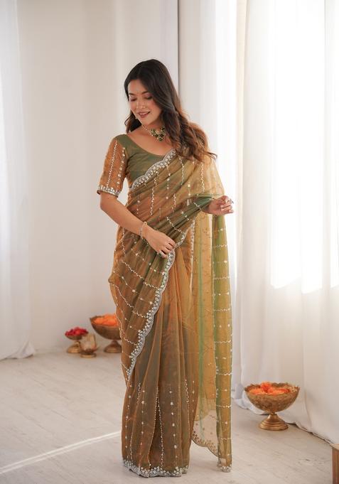 Gold Sequins Work Tissue Saree Set