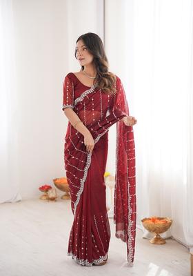 Maroon Sequins Work Tissue Saree Set