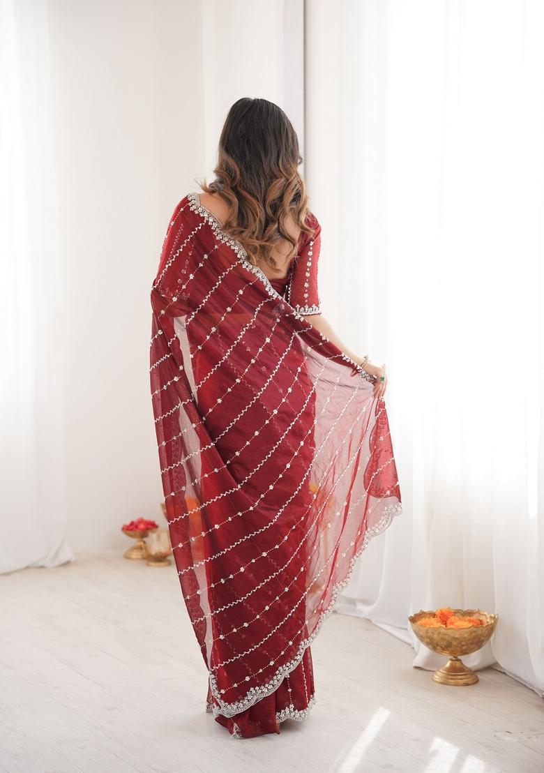 Maroon Sequins Work Tissue Saree Set - Indya
