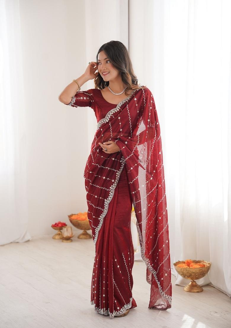 Maroon Sequins Work Tissue Saree Set - Indya