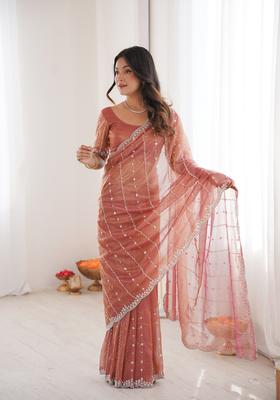Peach Sequins Work Tissue Saree Set