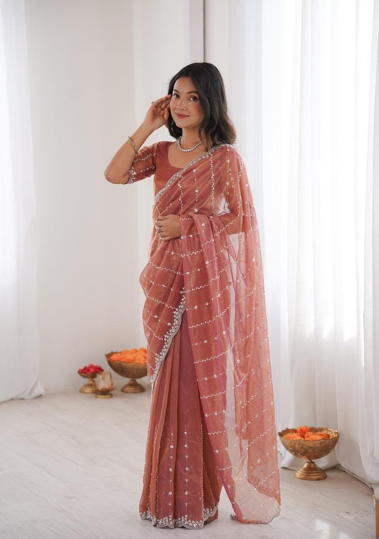 Peach Sequins Work Tissue Saree Set - Indya