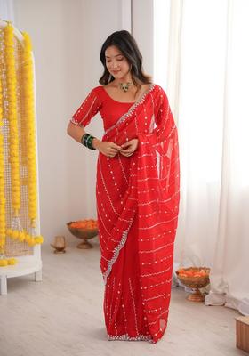 Red Sequins Work Tissue Saree Set