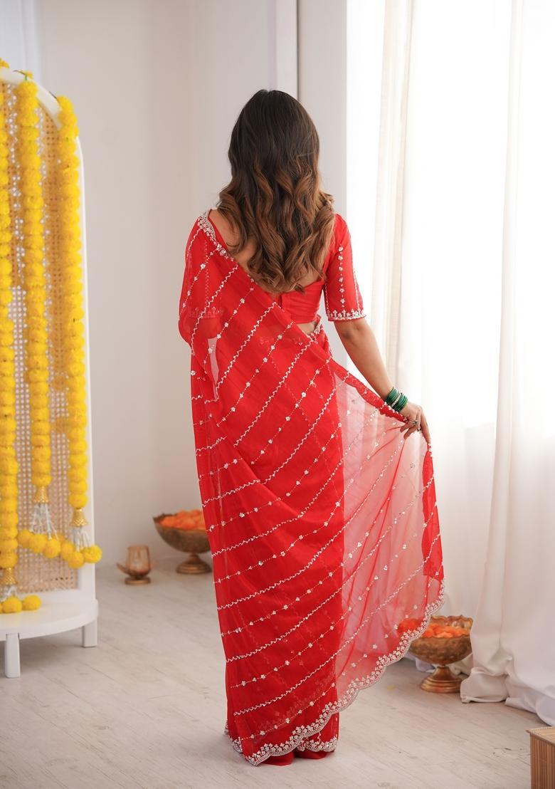 Red Sequins Work Tissue Saree Set - Indya