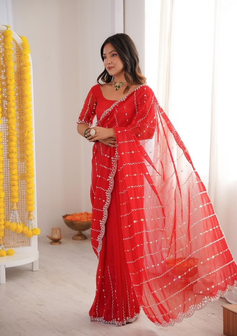 Red Sequins Work Tissue Saree Set - Indya