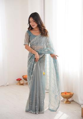 Sky Blue Sequins Work Tissue Saree Set