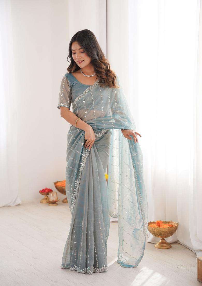 Sky Blue Work Tissue Saree Set with Sequins for Diwali | Wedding & Festive Wear - Indya