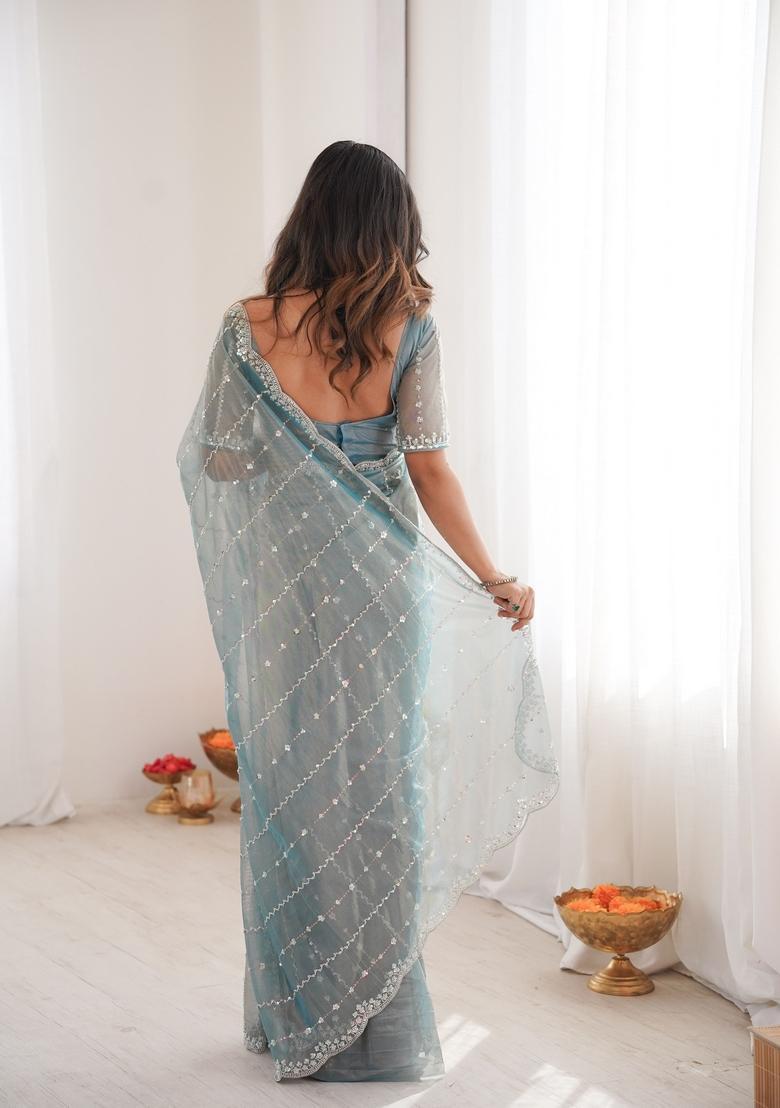Sky Blue Sequins Work Tissue Saree Set - Indya