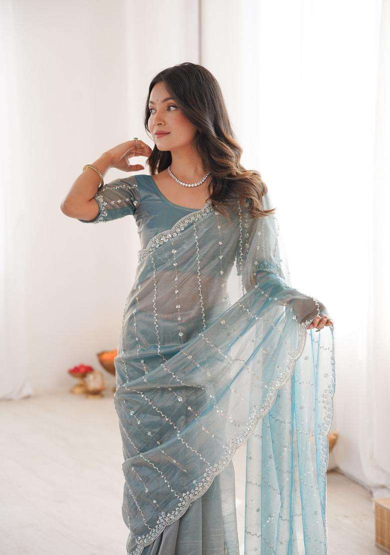 Sky Blue Work Tissue Saree Set with Sequins for Diwali | Wedding & Festive Wear - Indya