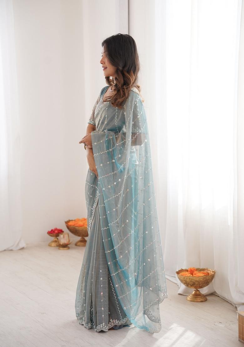 Sky Blue Sequins Work Tissue Saree Set - Indya