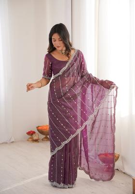 Wine Sequins Work Tissue Saree Set