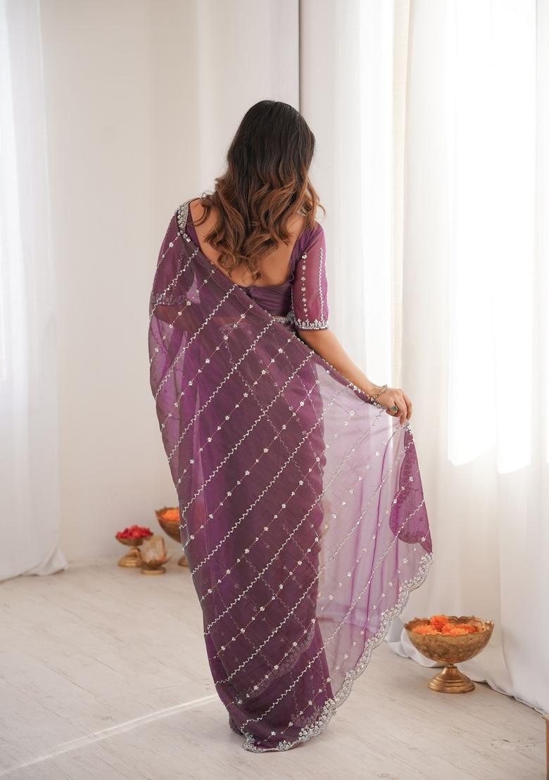 Wine Sequins Work Tissue Saree Set - Indya