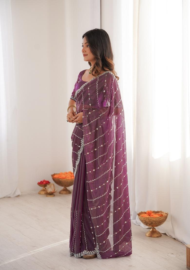 Wine Sequins Work Tissue Saree Set - Indya