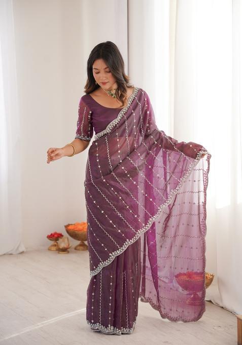 Wine Sequins Work Tissue Saree Set — view on Indya