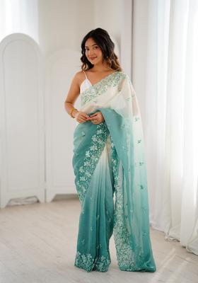 Green Sequins Work Silk Saree Set