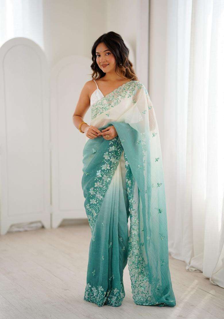 Green Work Silk Saree Set with Sequins for Diwali | Wedding & Festive Wear - Indya