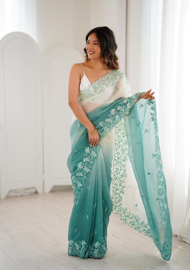 Green Sequins Work Silk Saree Set - Indya