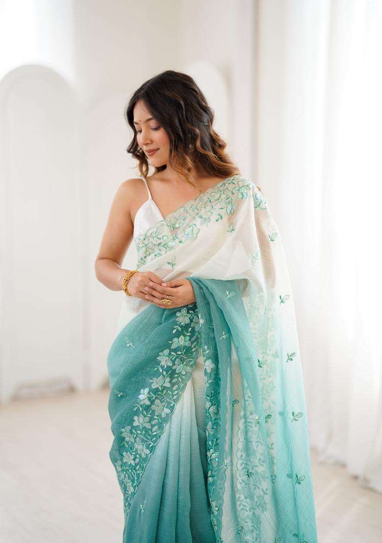 Green Work Silk Saree Set with Sequins for Diwali | Wedding & Festive Wear - Indya