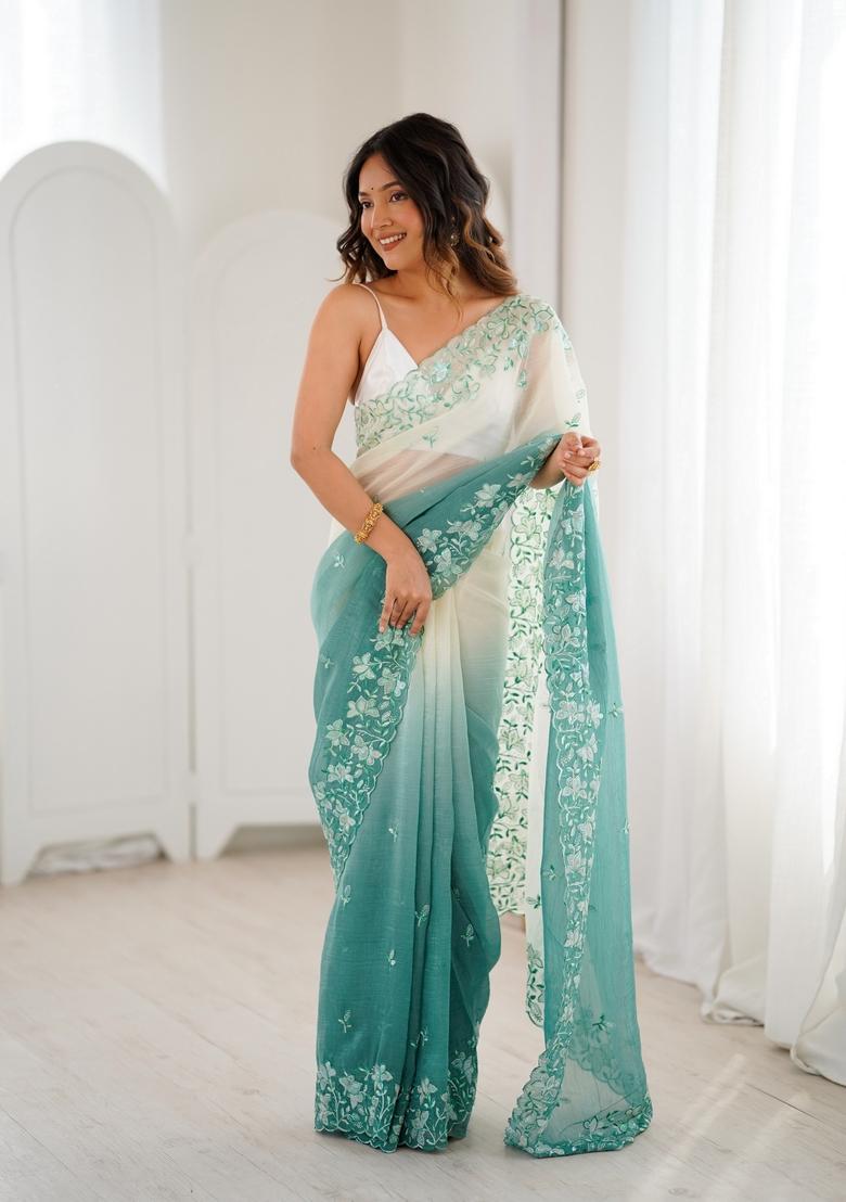 Green Sequins Work Silk Saree Set - Indya