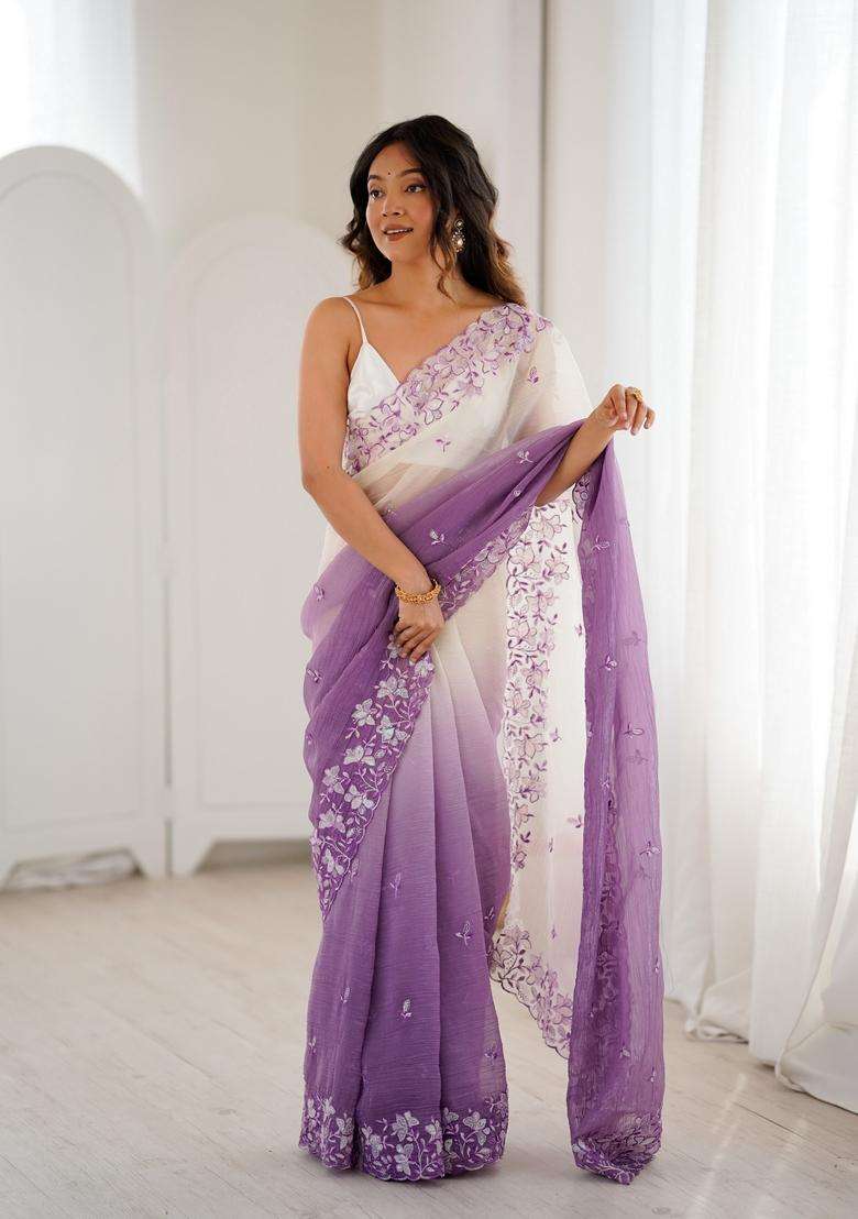 Lavender Sequins Work Silk Saree Set - Indya