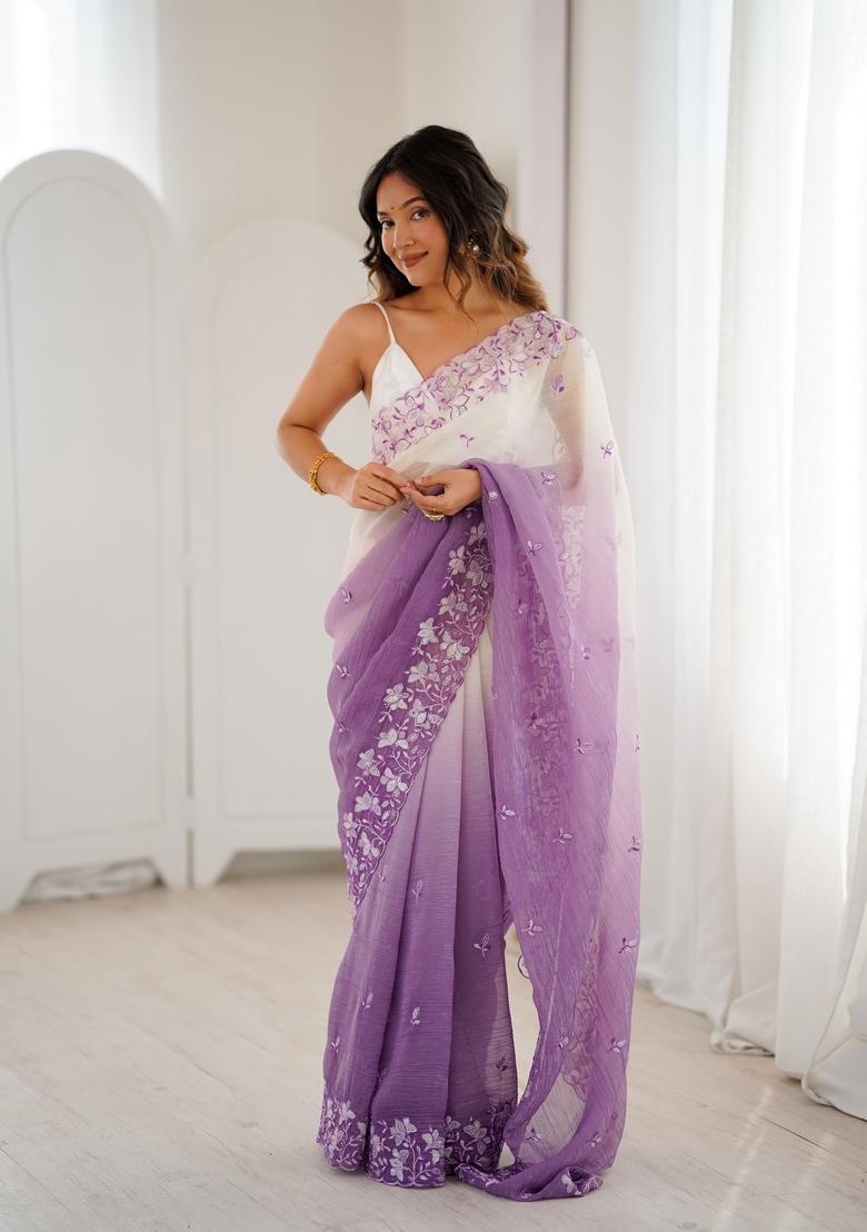 Lavender Sequins Work Silk Saree Set - Indya